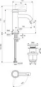 Waschbeckenarmatur von Ideal Standard mit seitlichem Hebel und Push-Open-Ventil. Technische Zeichnung zeigt Maße und Installationselemente für den Anbau.